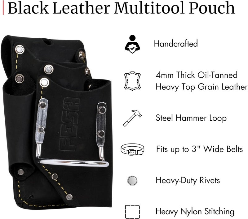 fesa Small Leather Tool Pouch - 5-in-1 Heavy Top Grain Leather Small Tool Pouch with a Steel Hammer Loop, 4 Pockets & Reinforced Heavy Duty Rivets - Fits Belts up to 3" - Handcrafted - Image 2